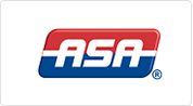 A red, white and blue logo for asa.