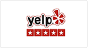 A yelp logo with five stars in front of it.